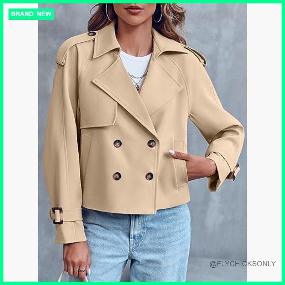 Double Breasted Trench Coat Cropped Jacket with Pockets - Picture 3 of 7